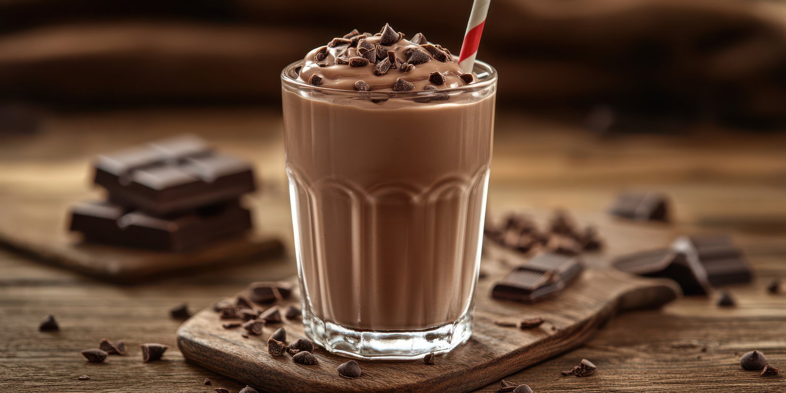 Delicious chocolate milkshake garnished with chocolate chips and served with a straw on a rustic wooden table setting
